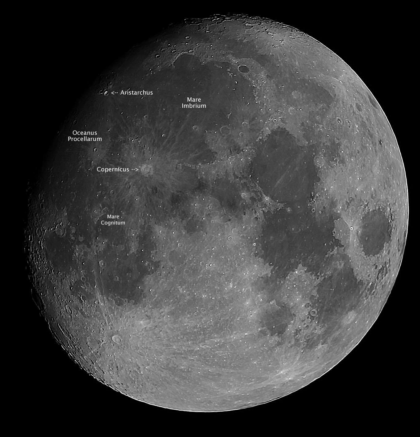 Annotated Gibbous Moon, imaged 2019 October 10